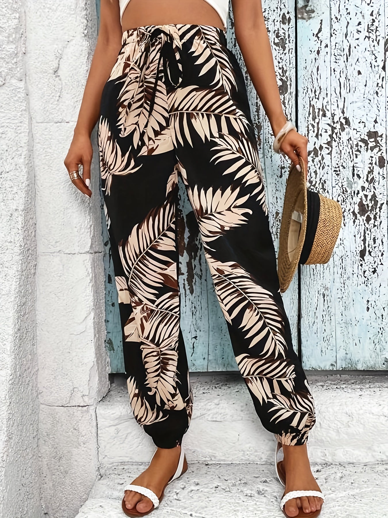 Floral Print High Waist Drawstring Pants for Women's Vacation