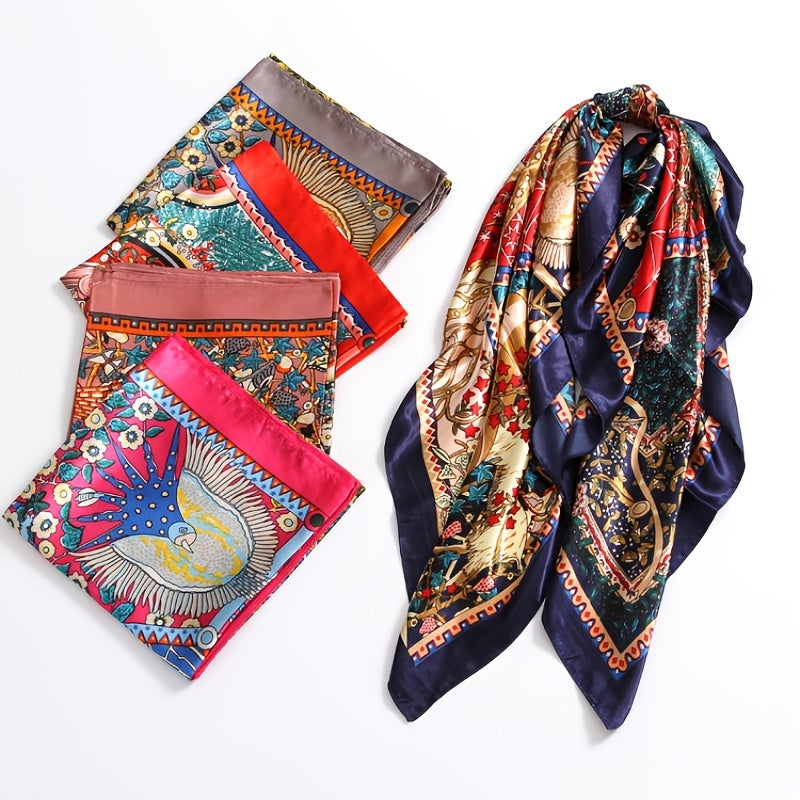 Vintage Flower Print Square Satin Scarf Silk Shawl Head Wrap Bandana Hijab