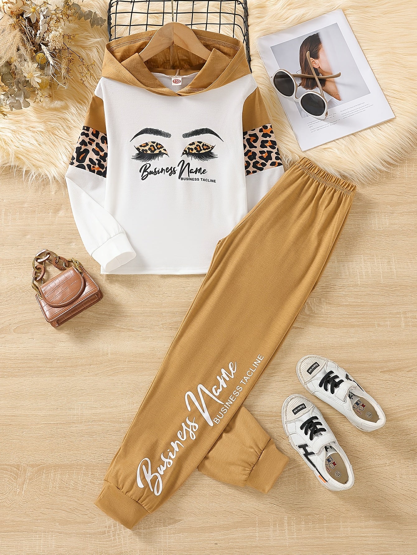 Girls Leopard Print Eyelashes Hoodie & Trousers Set