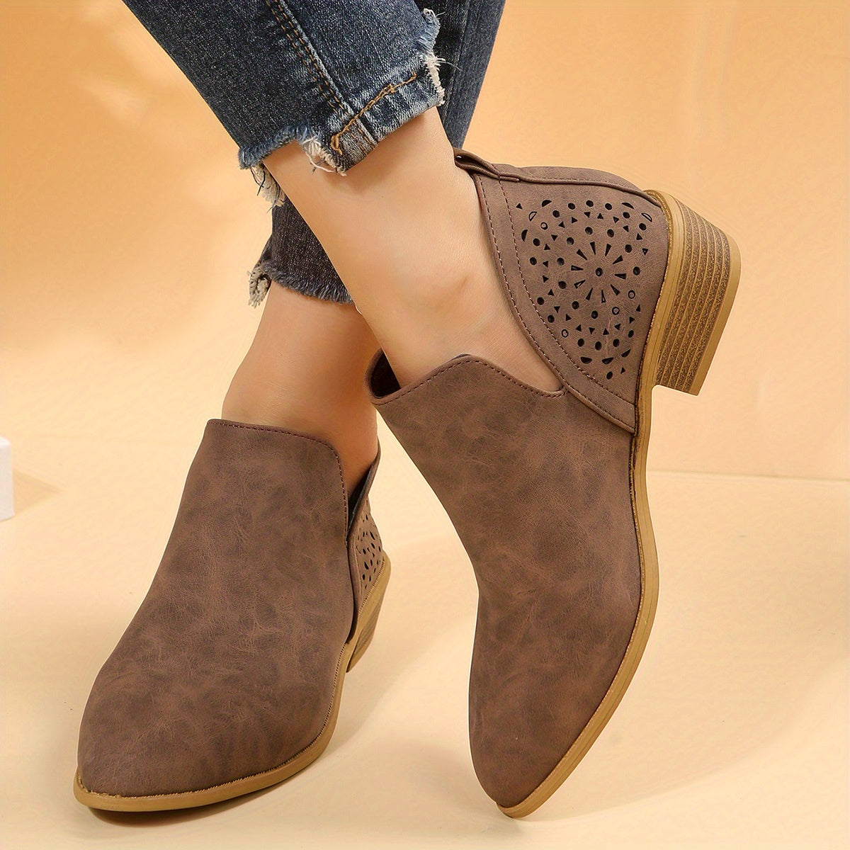 Women's Back Hollow Out Point Toe Chunky Heel Short Boots Slip On Ankle Boots