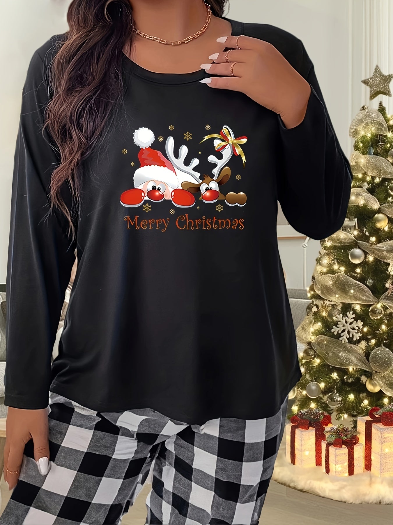 Santa Claus & Elk Graphic Long Sleeve Crew Neck Tee