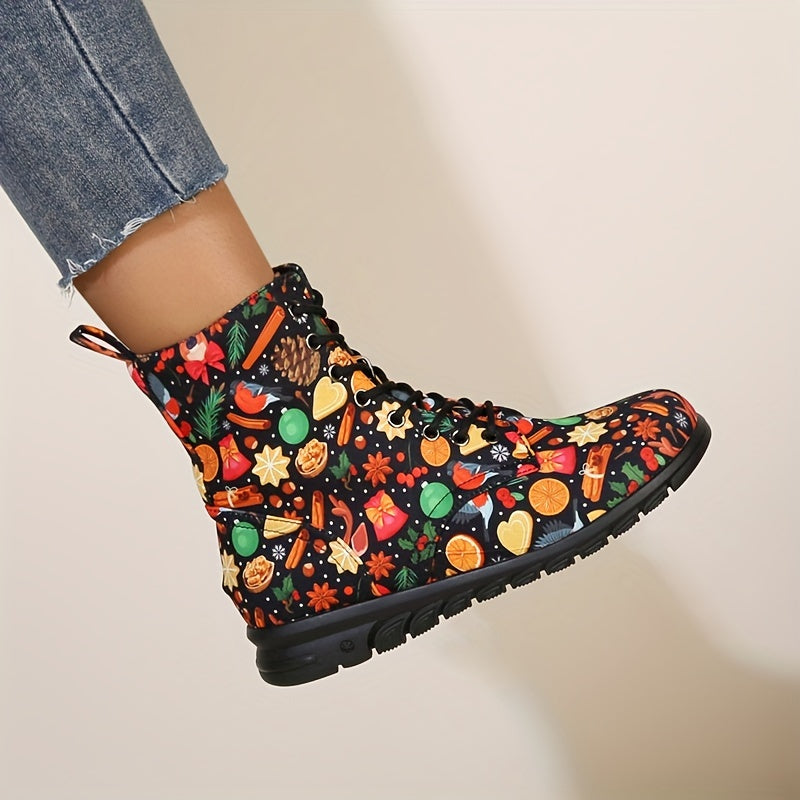 Christmas Print Lace Up Flat Winter Boots