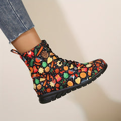 Christmas Print Lace Up Flat Winter Boots
