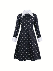Girls Casual Floral Graphic Print Long Sleeve Button Costume Dress