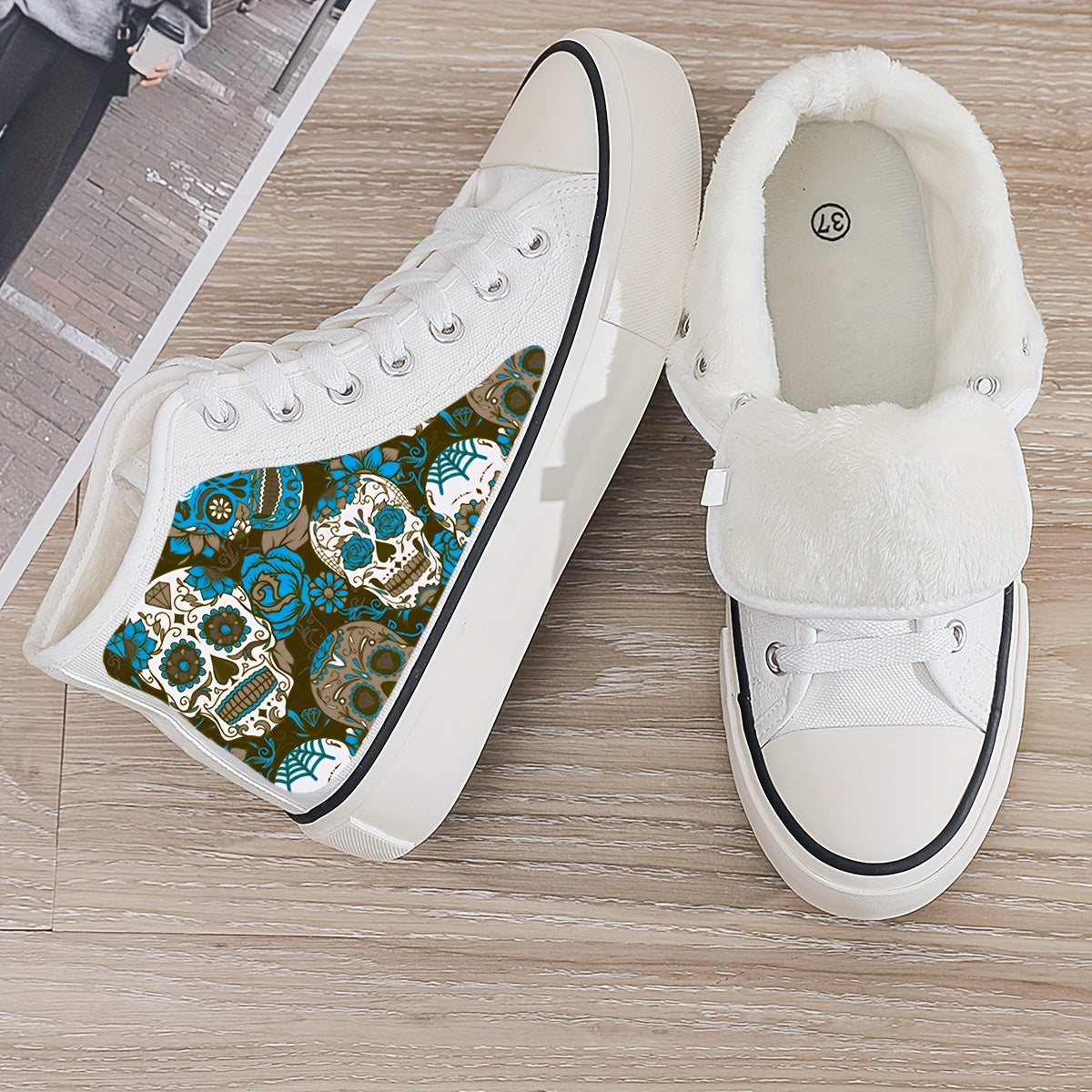 Skull Print Plush Lined Thermal Chunky Canvas Sneakers