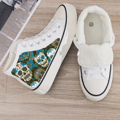 Skull Print Plush Lined Thermal Chunky Canvas Sneakers