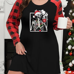 Plus Size Gothic Christmas Loungewear Dress with Snowflake & Skull