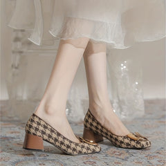 Retro Houndstooth Chunky Heels Classic Square Toe Pumps