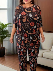 Halloween Loungewear Ghost & Pumpkin Print Tee & Pants Pajama Set