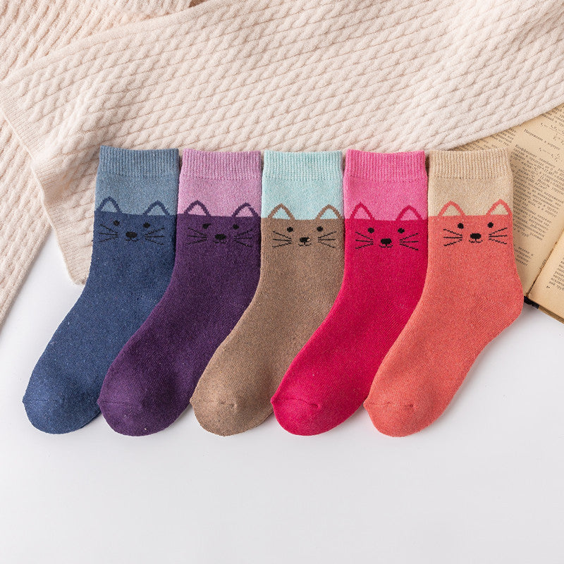 5 Pairs Winter Thick & Warm Kitty Cartoon Crew Length Socks