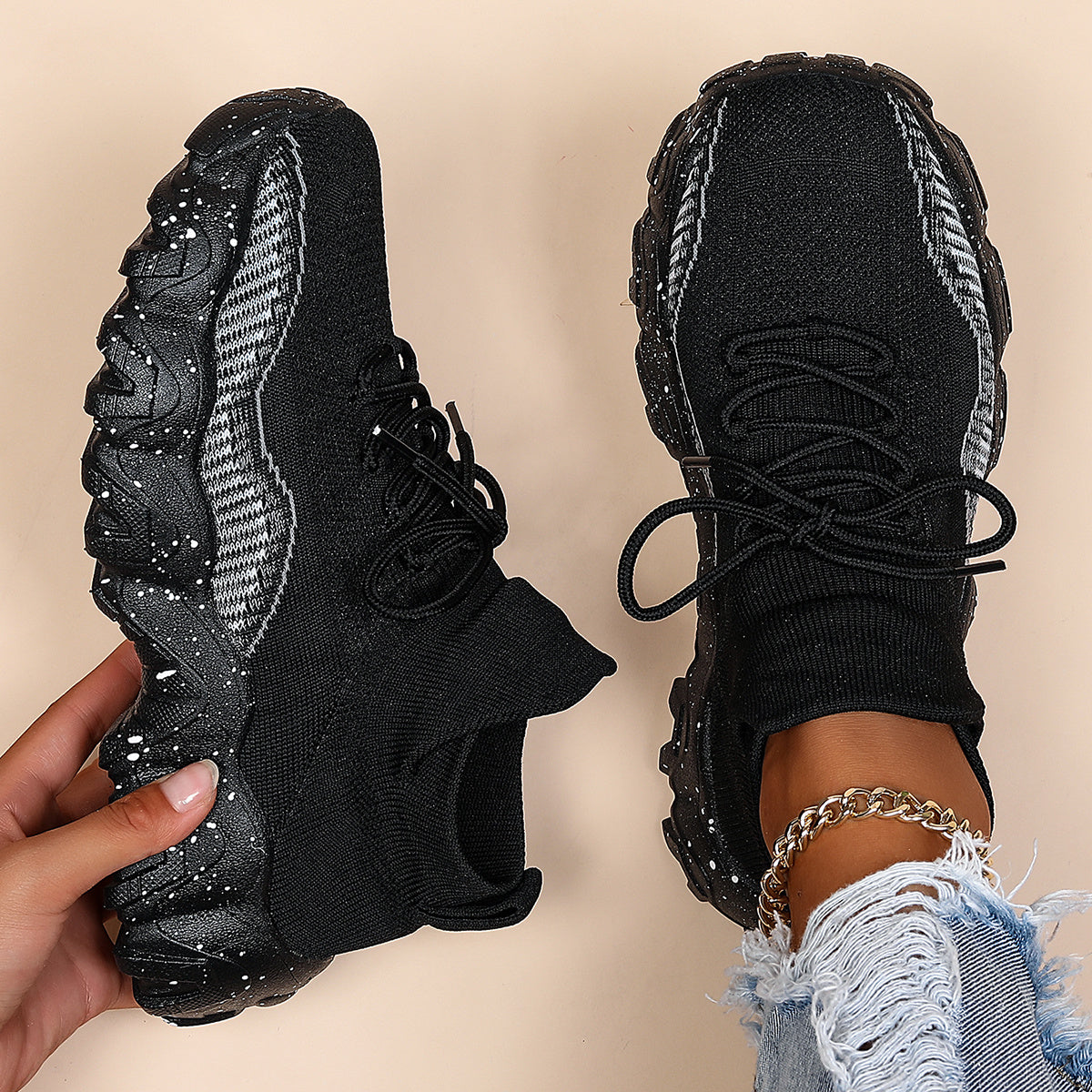 Women's Anti-slip Knit Sneakers Low Top Lace Up Casual Shoes