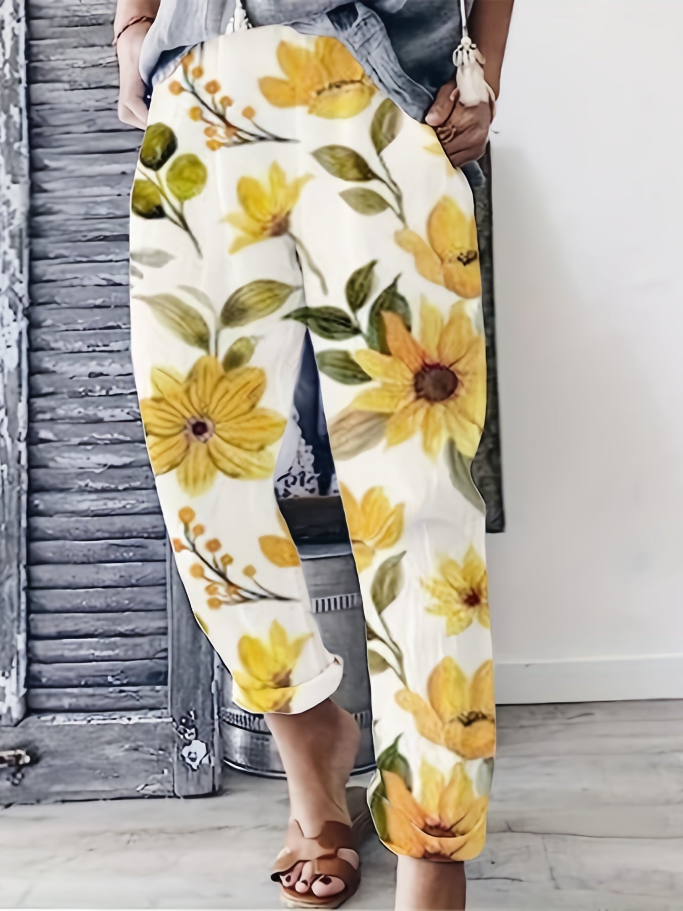 Marble Print Elastic Waist Pants Long Length