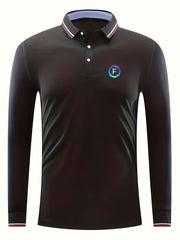 Men's F Print Polo Shirt Casual Breathable Long Sleeve Shirt For Spring Fall