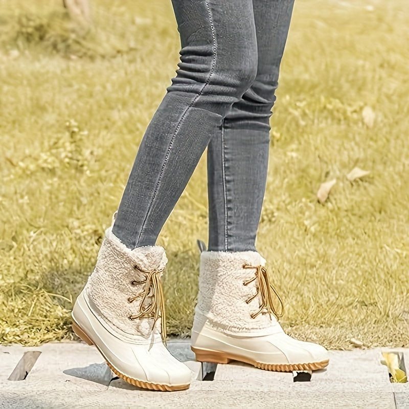Women's Lace up Waterproof Winter Duck Boots Faux Fur Mid Calf Boots