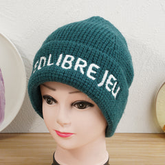 Letter Embroidered Knit Beanie Hat Winter Warm Skull Cap