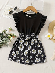 Toddler Girls Ruffle Trim Daisy Graphic Romper Jumpsuit