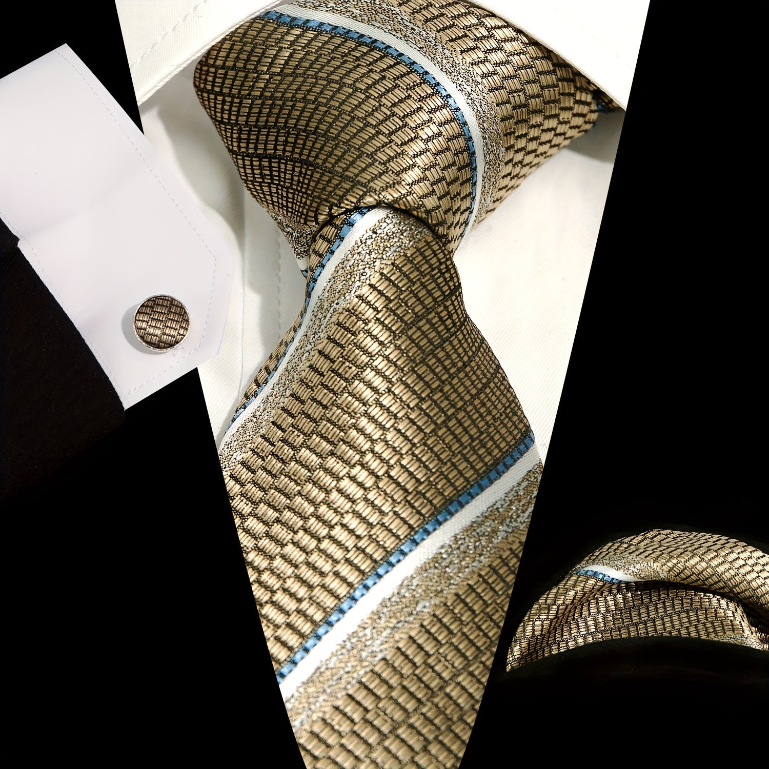 Men's Tie Set Plaid Striped Necktie Pocket Square Cufflinks Set