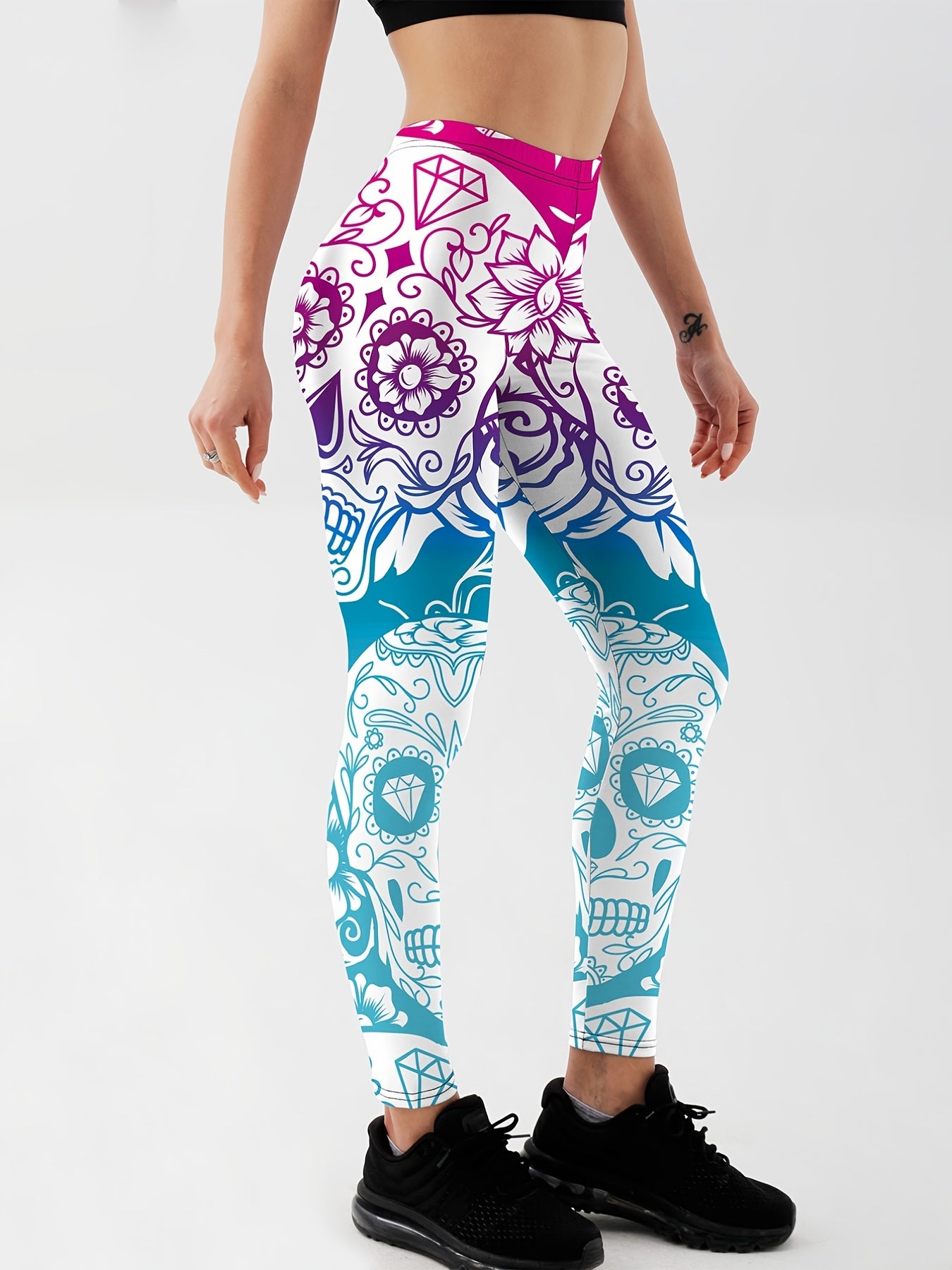 Flower & Skull Print Yoga Leggings Halloween Fitness Workout Pants