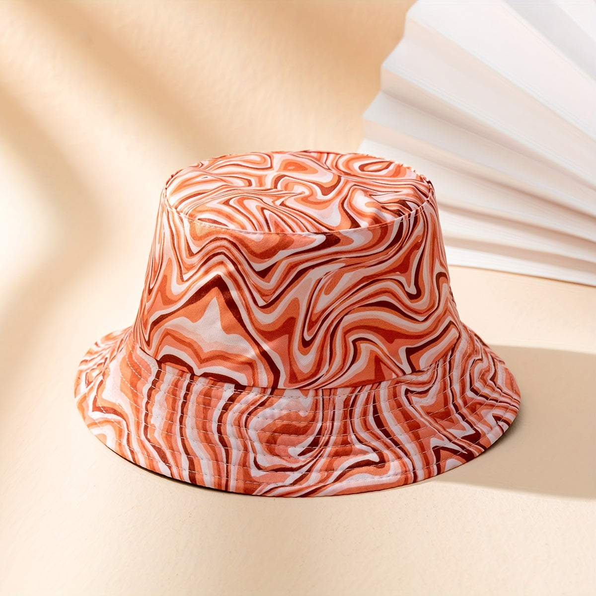 Red Wavy Striped Cotton Bucket Hat Women Sunshade Basin Fisherman Cap