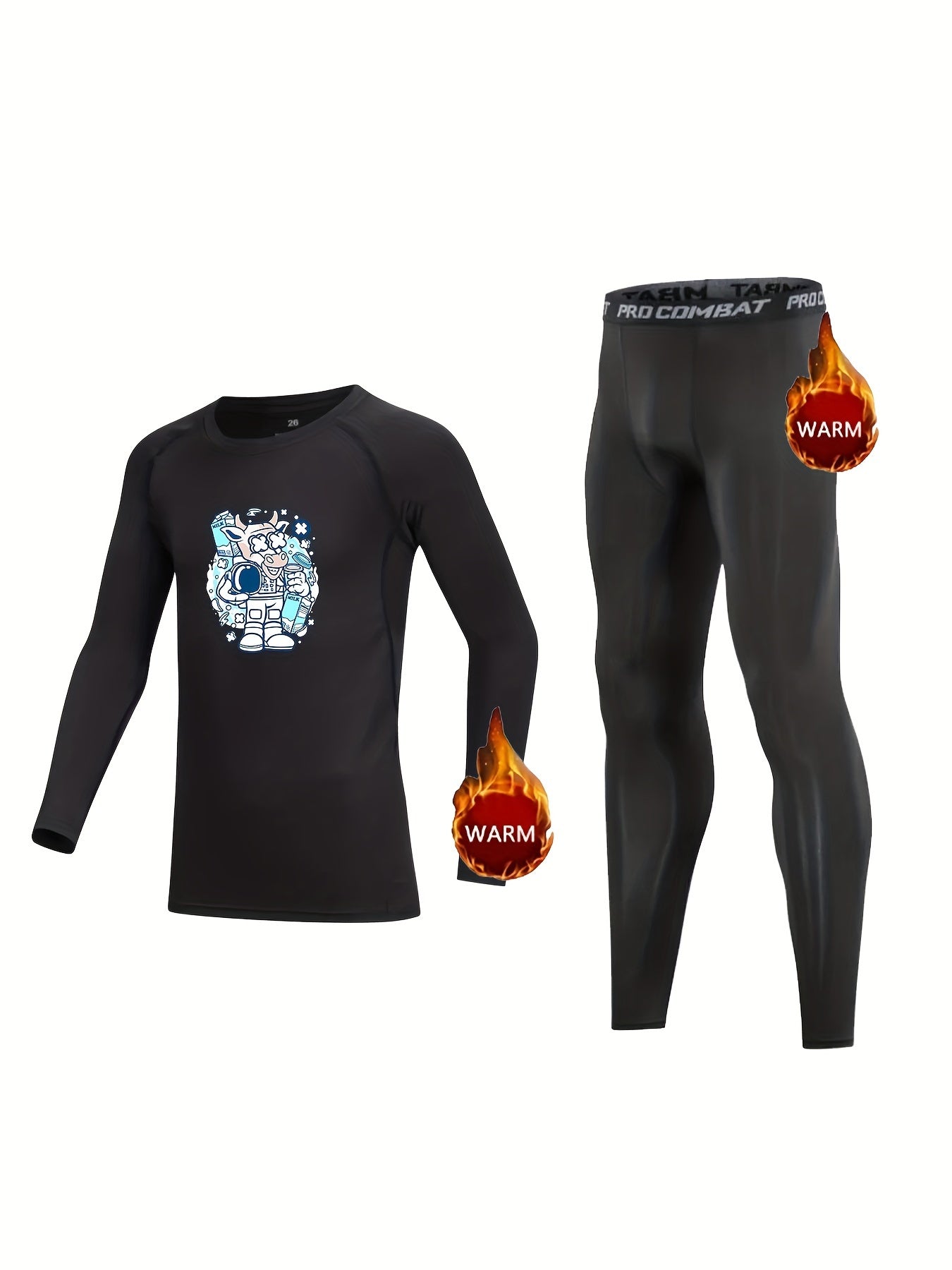 Kids Fleece Lined Compression Base Set Cow Astronaut Print Long Sleeve Leggings