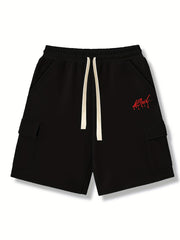 Red Letter Print Comfy Shorts Men's Casual Solid Slightly Stretch Knee