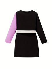 Girls' Colorblock Long Sleeve T Shirt Dress With Waistbag