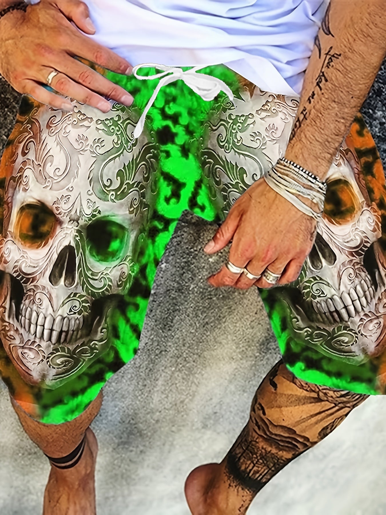 Quick Dry Drawstring Men's Swim Trunks Skulls Print Board Shorts