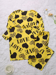 Heart Print Pajamas Set Short Sleeve Crew Neck Top & Long Sleeve Top & Pants