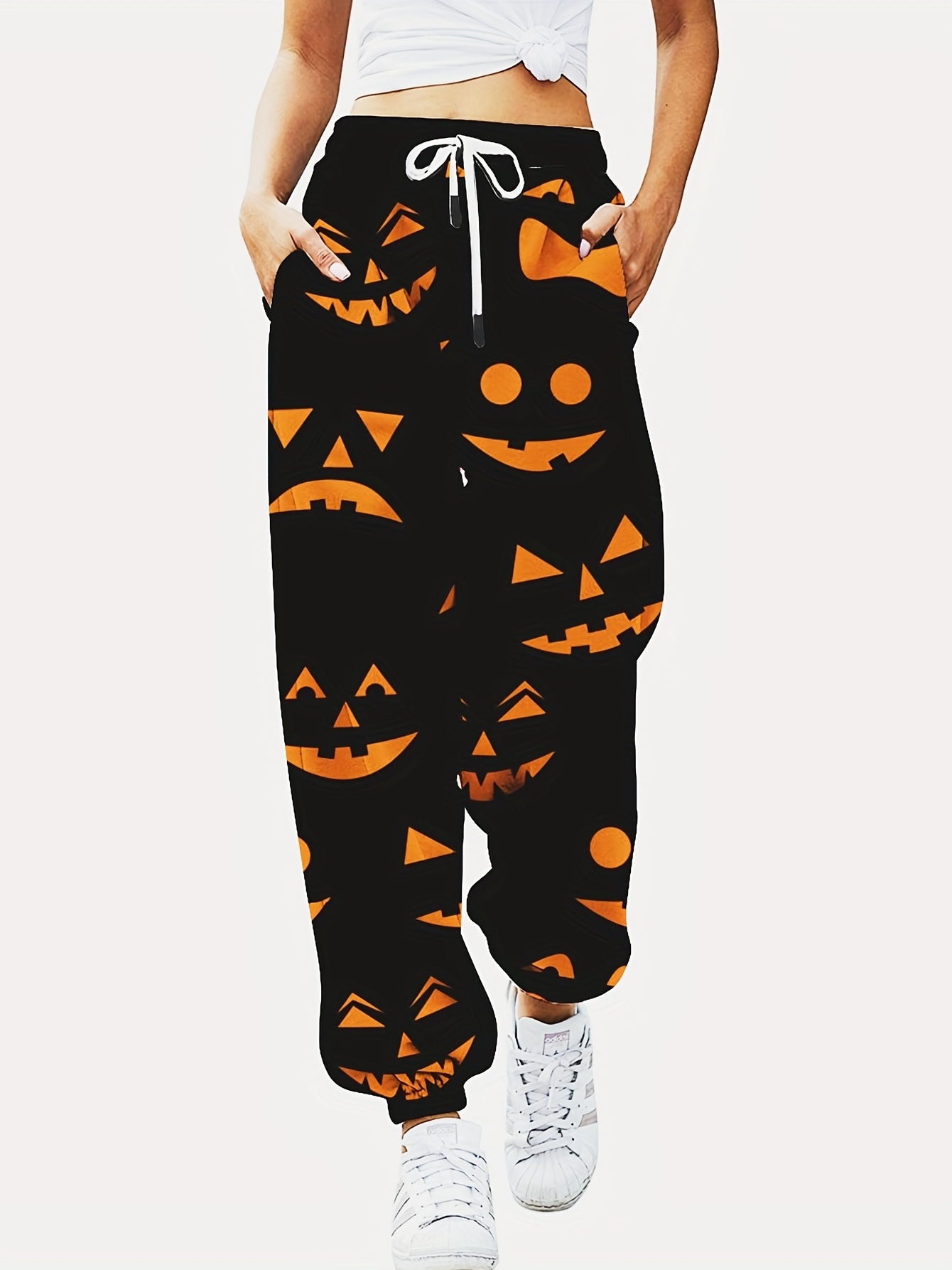 Pumpkin Print Halloween Drawstring Pants Women's Clothing