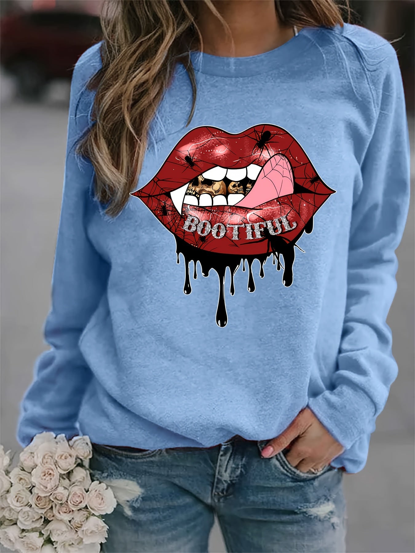 Lip Print Sweatshirt Casual Long Sleeve Crew Neck Women's Clothing