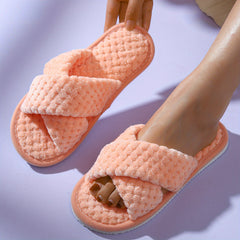 Plush Cross Strap Slippers Cozy Open Toe Flat Fuzzy Shoes