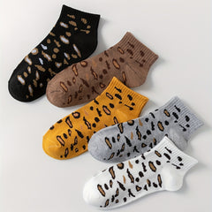 5 Pairs Leopard Crew Socks Soft & Comfy Women's Stockings