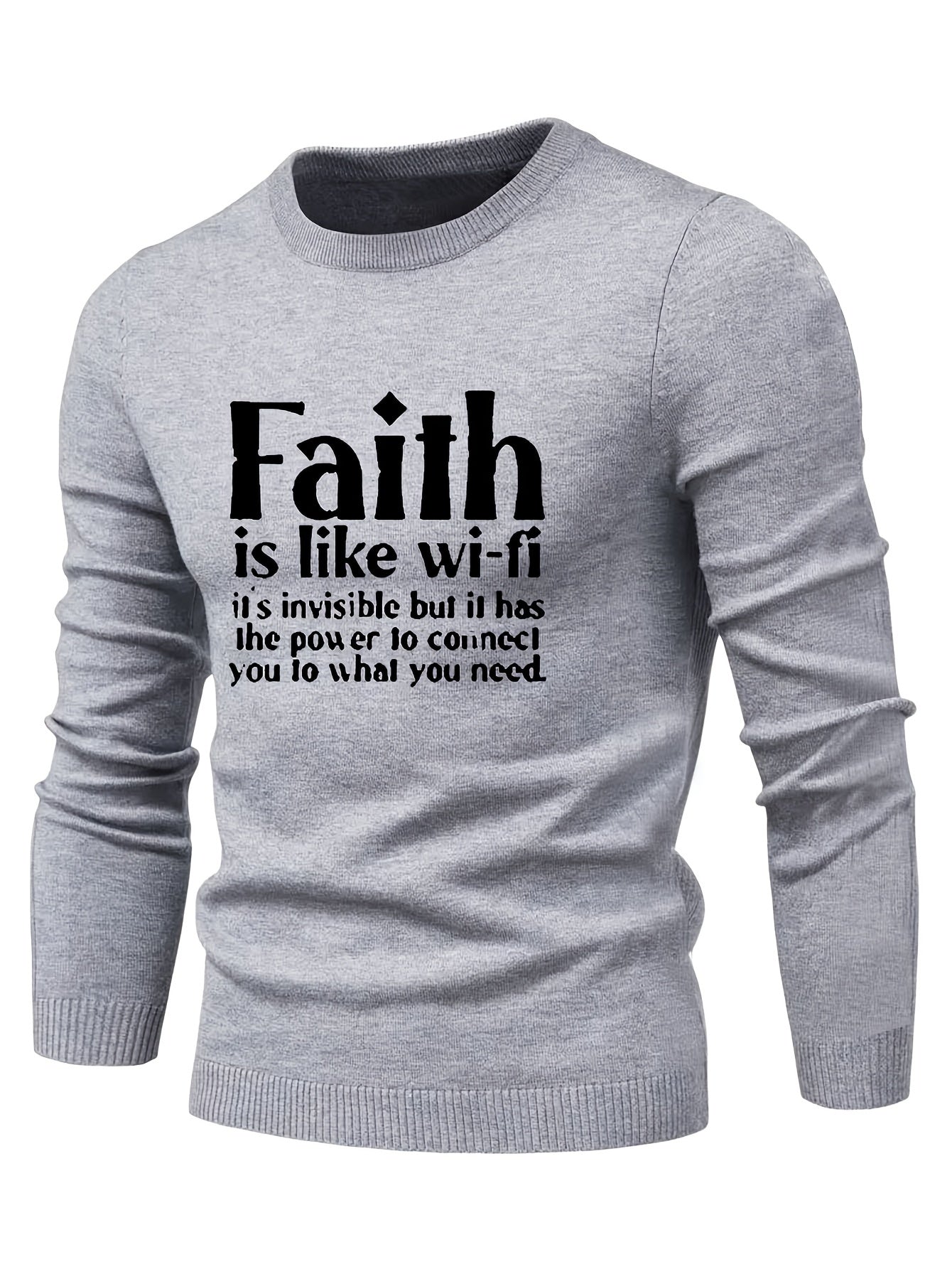 FAITH Retro Style Print Sweater Men's Casual Crew Neck Pullover