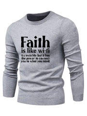 FAITH Retro Style Print Sweater Men's Casual Crew Neck Pullover