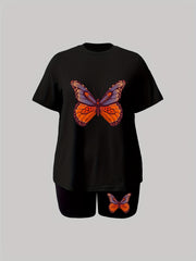 Women's Plus Butterfly Print Tee & Shorts Set - Casual 2 Piece Outfit