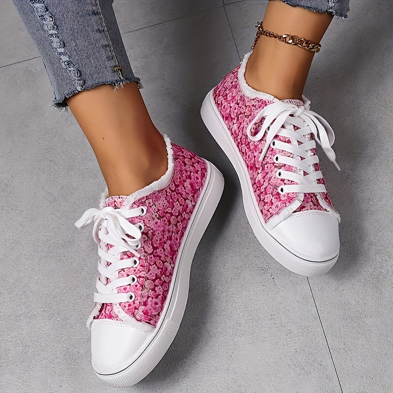Floral Print Canvas Shoes Lace Up Sneakers Comfortable Low Top