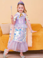 Girls Princess Cape Sequin Glitter Party Prop Kids Halloween Cloak Crown Cosplay