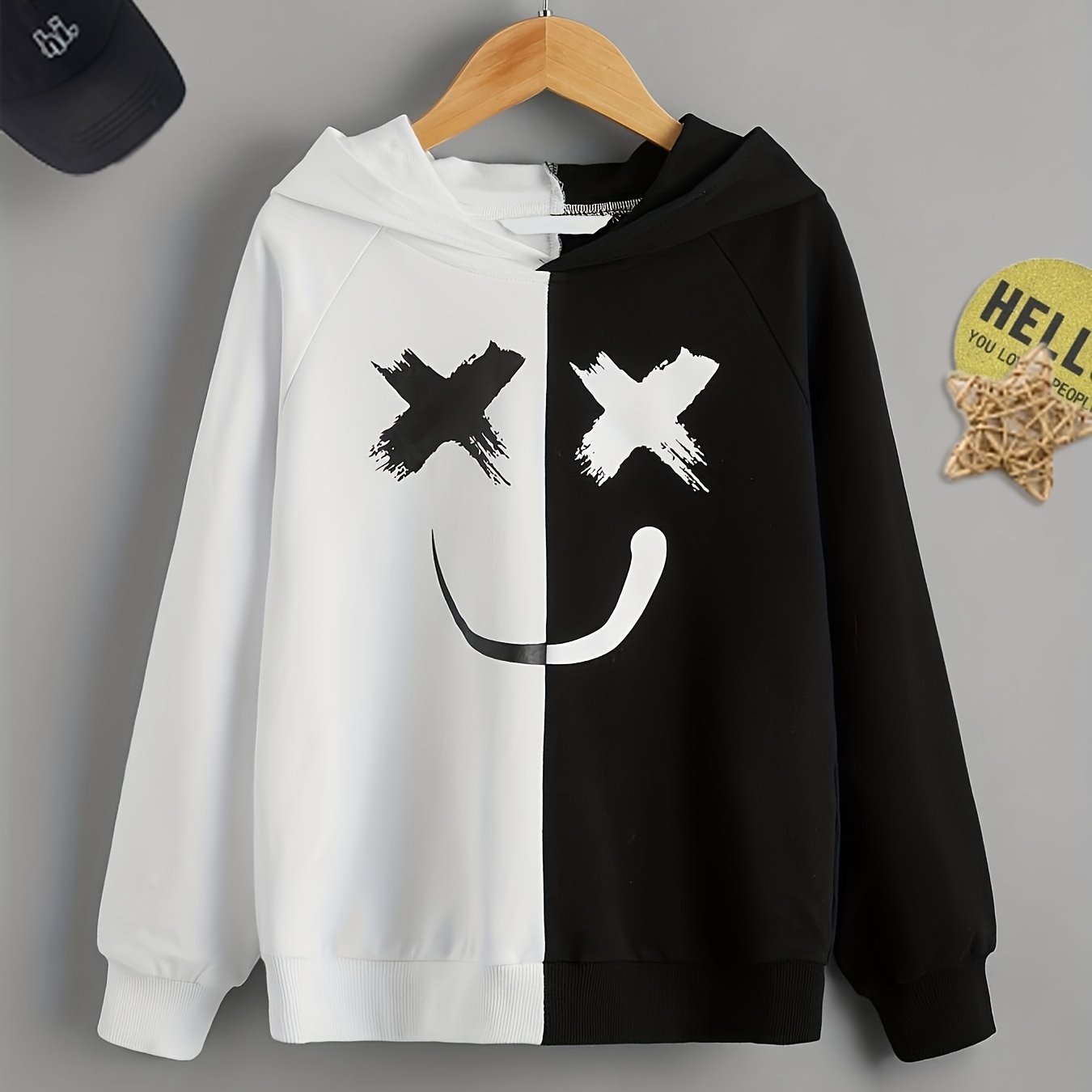 Boy's Happy Face Print Hoodie Long Sleeve Top