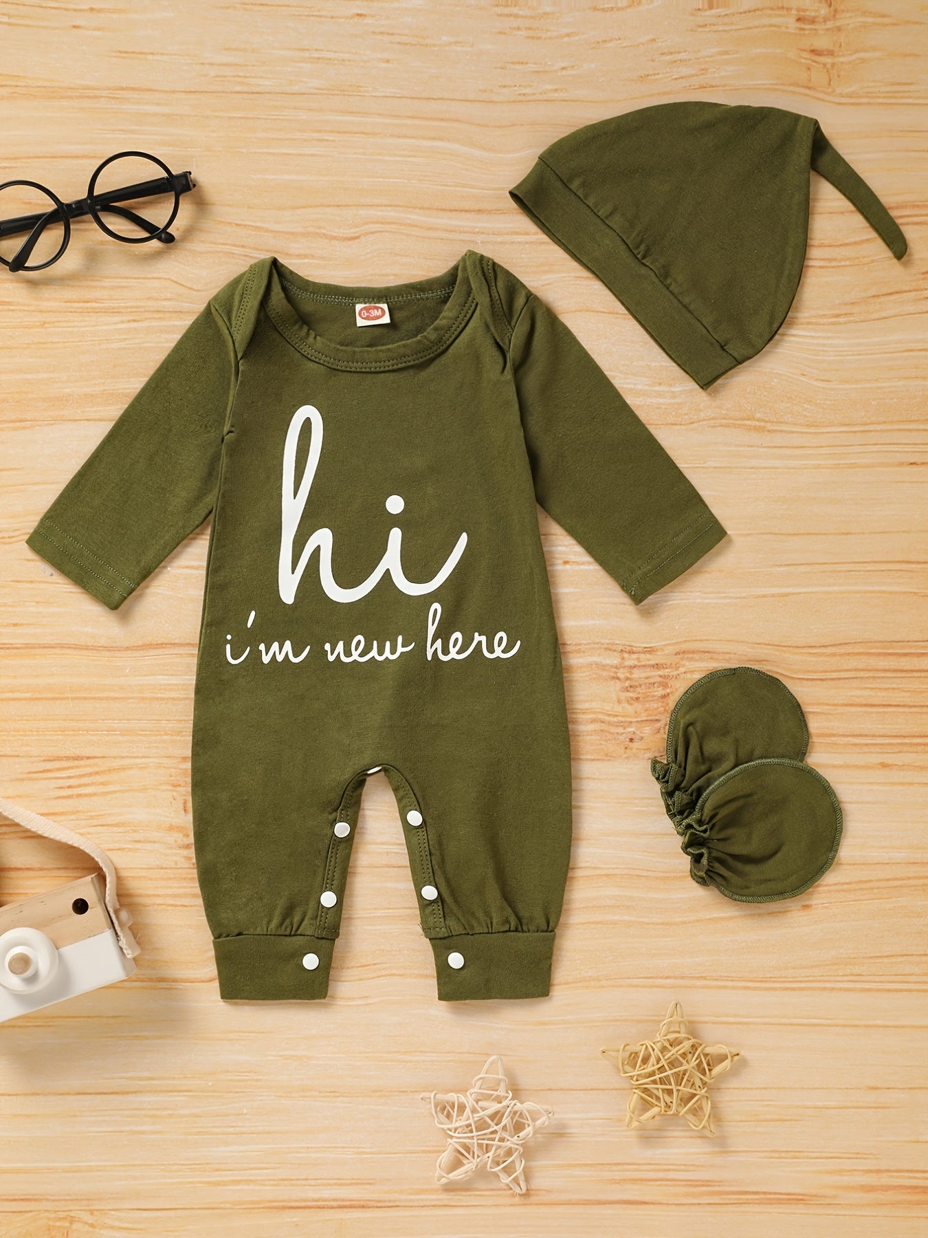 Newborn Infant Letter Romper Set Long Sleeve Jumpsuit & Hat & Gloves