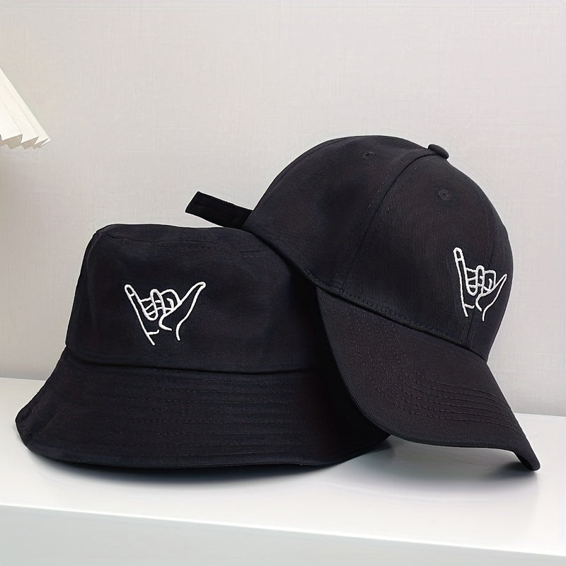 2pcs Gesture Embroidered Bucket Hat Set Unisex Sun Hat