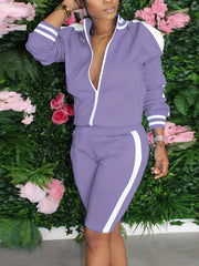 Colorblock Stripe Print Jacket & Shorts Set