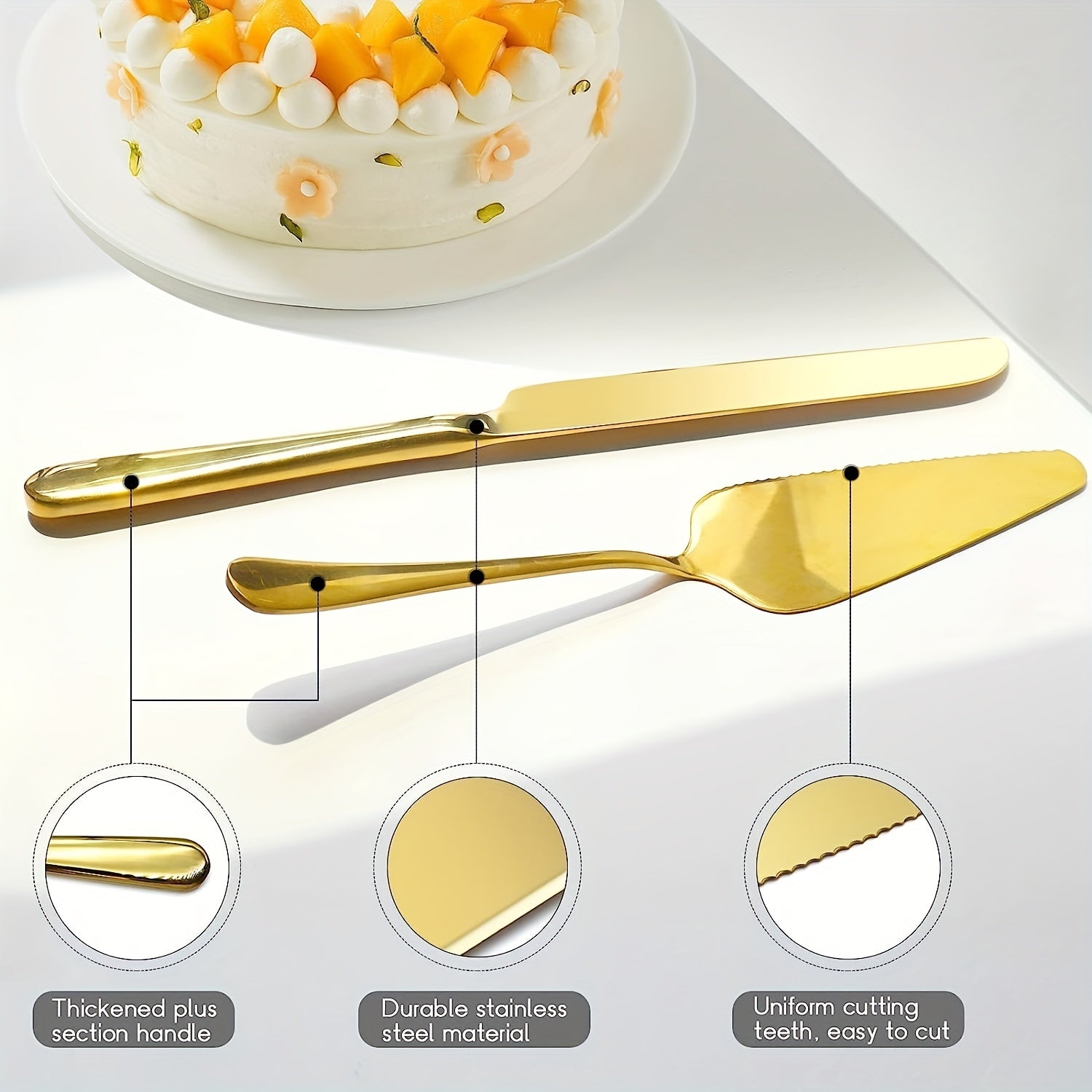 2PCS Cake Serving Set Stainless Steel Cake And Server Set Golden
