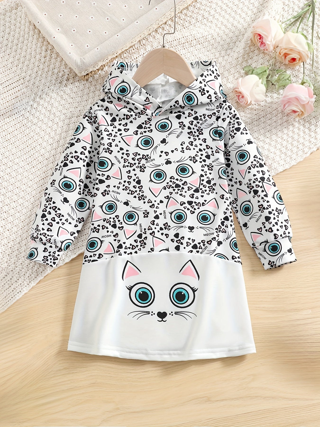 Girls' Kitty Print Casual Hooded Sweatshirt Kids' Hoodie Pullover Coat