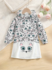 Girls' Kitty Print Casual Hooded Sweatshirt Kids' Hoodie Pullover Coat