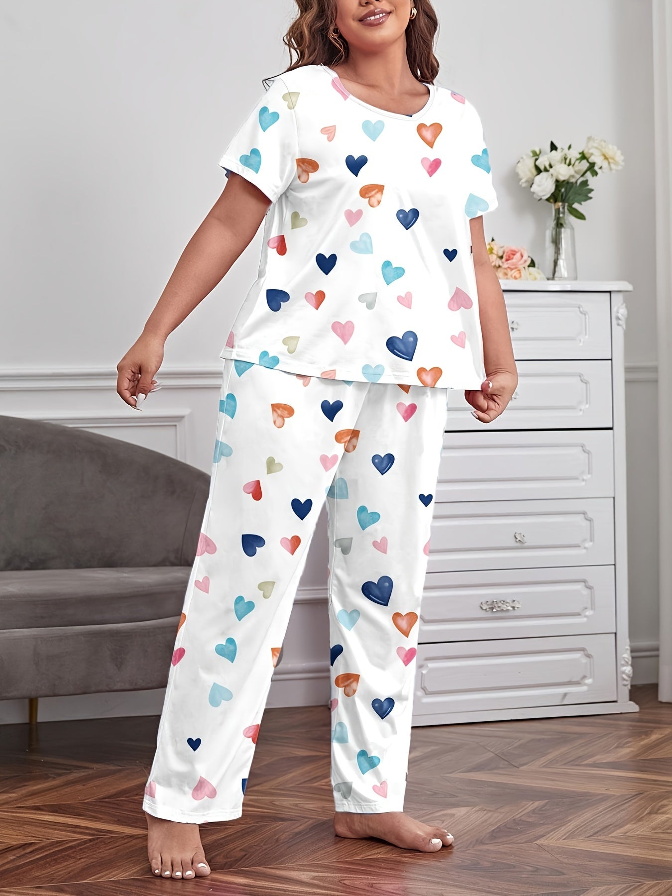 Heart Print Pajamas Set Short Sleeve Tee & Pants Loungewear