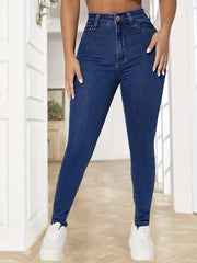 Curvy Plain Legs Dark Skinny Jeans High Waist Stretchy Denim Pants