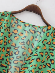Green Leopard Print Chiffon Blouse V Neck Sheer Long Sleeve Cover Up Shirt