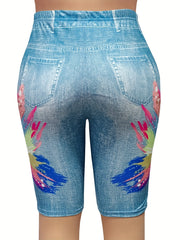 Women's Plus Denim & Painting Print High Rise Skinny Shorts