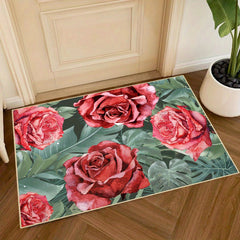 Red Rose Area Rug Faux Wool Floral Rugs Non Slip Washable Entryway Rug Carpet