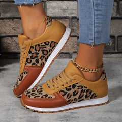 Leopard Print Lace Up Flat Sneakers Women's Non Slip Shoes